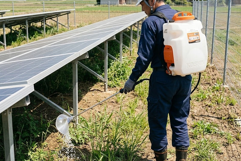 発電所の草に薬剤を散布して管理する様子